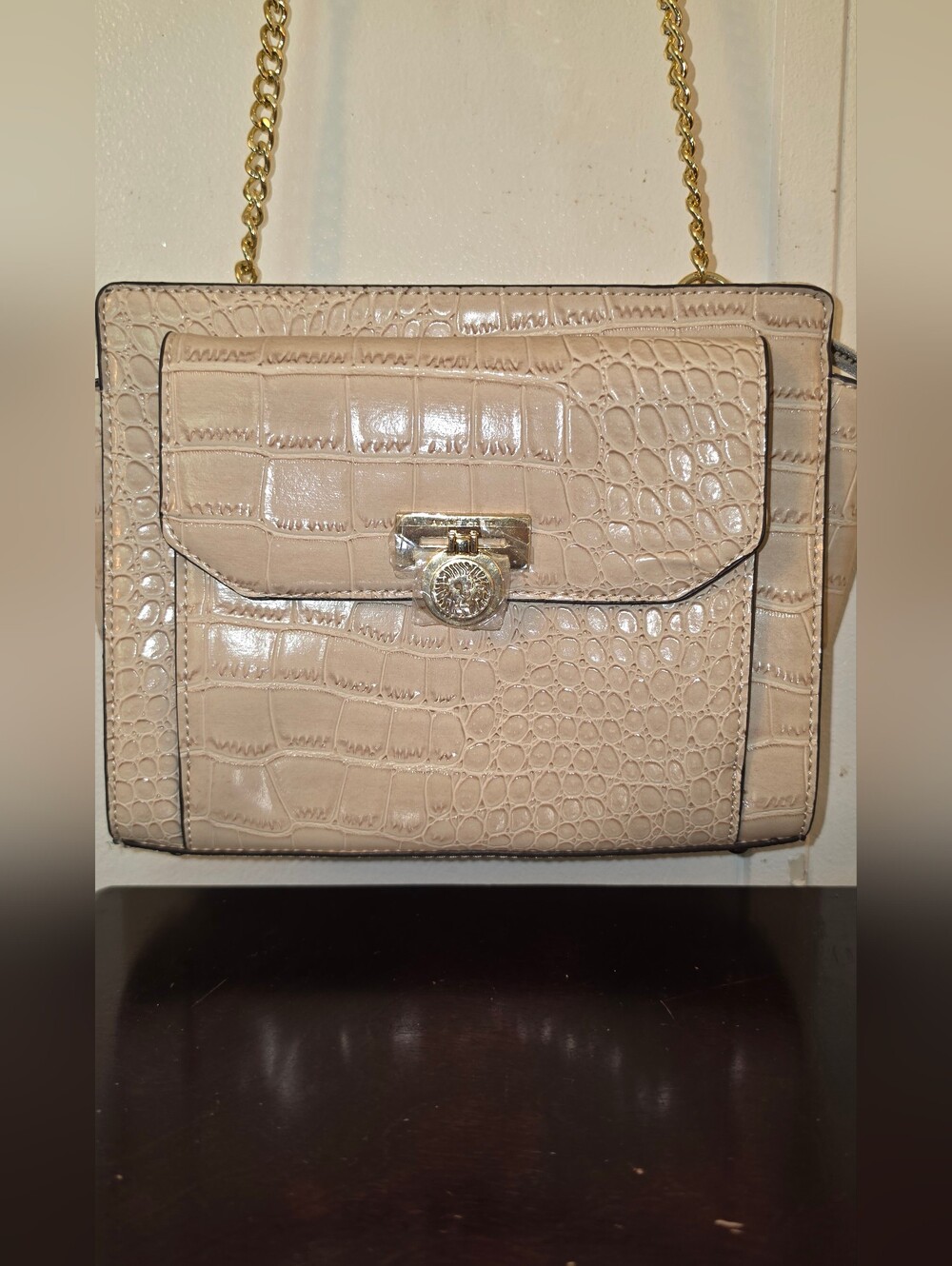Anne Klein Cream Croc-Embossed Chain Crossbody Bag